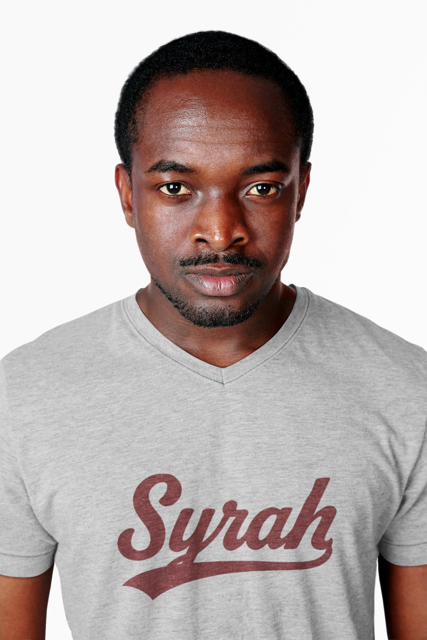 Syrah Script Logo Tee, Wine-themed V-neck Tee