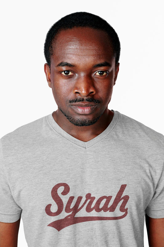 Syrah Script Logo Tee, Wine-themed V-neck Tee