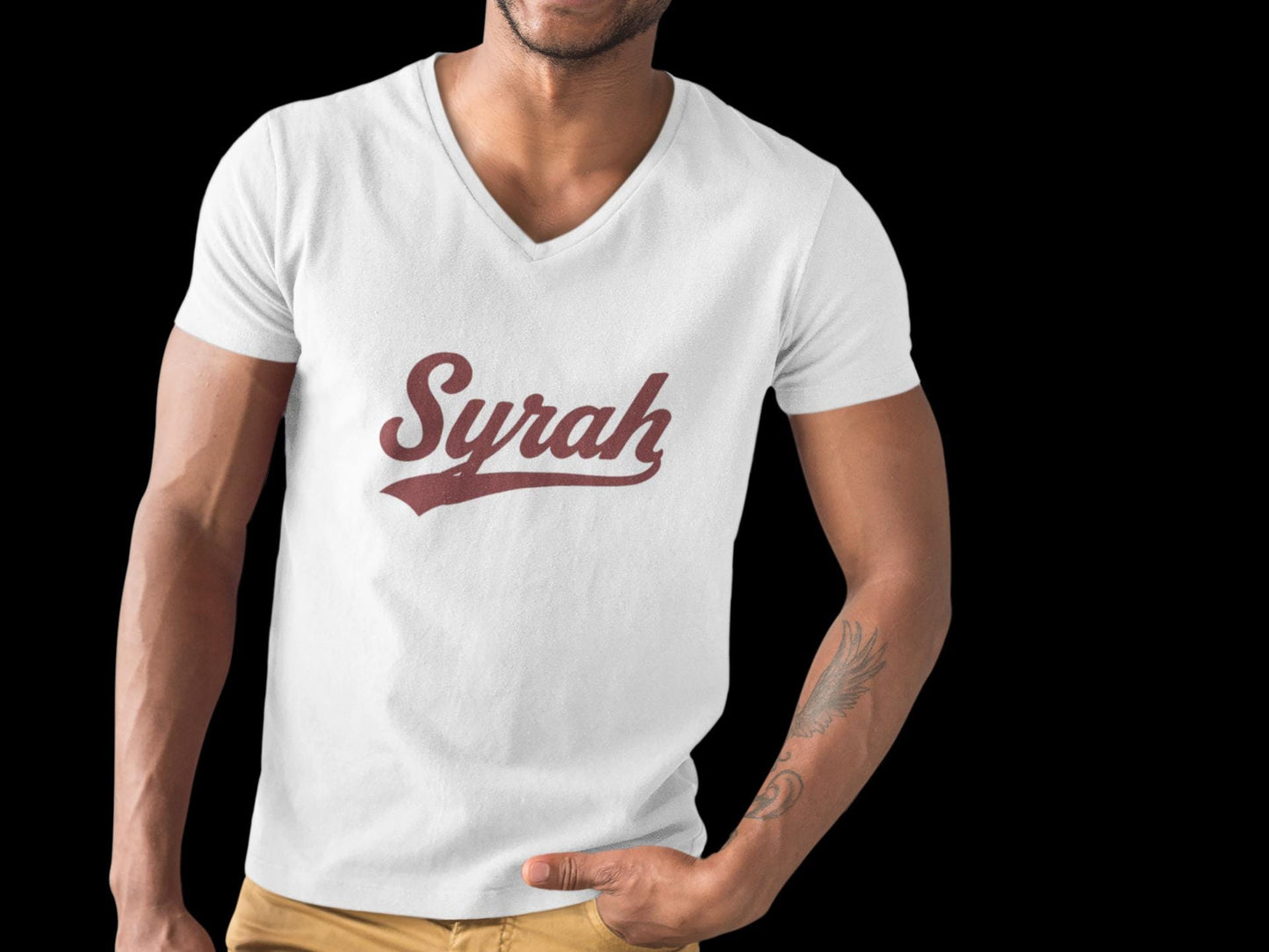 Syrah Script Logo Tee, Wine-themed V-neck Tee