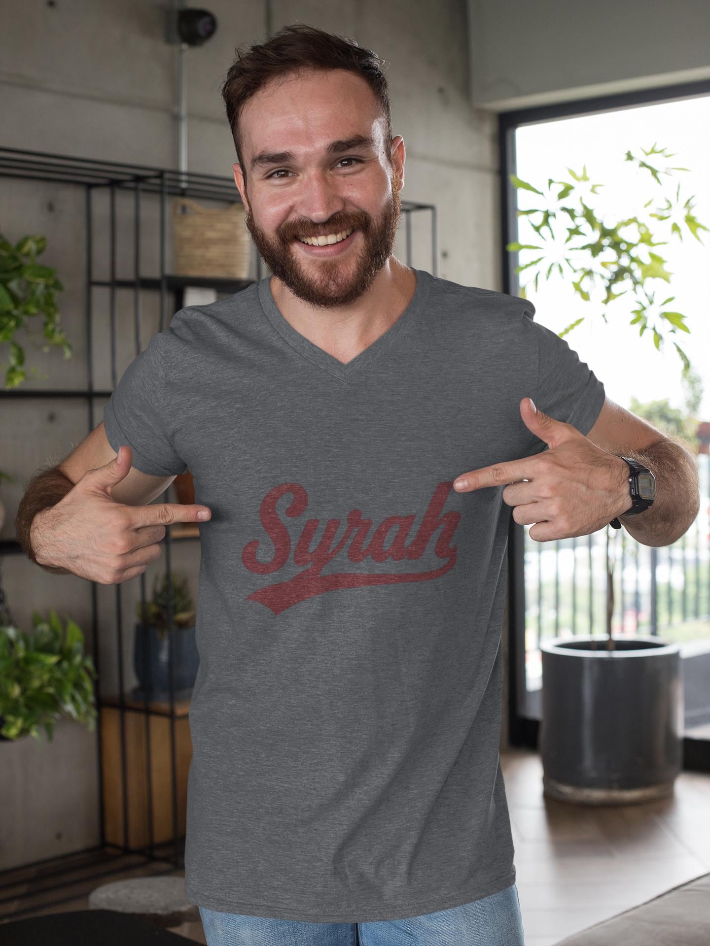 Syrah Script Logo Tee, Wine-themed V-neck Tee