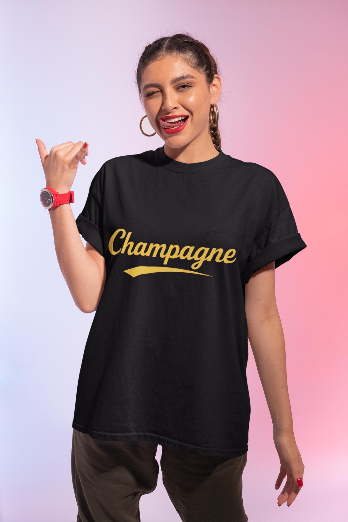 Champagne Script Tee, Retro Cursive Logo, Sparkling Wine Theme