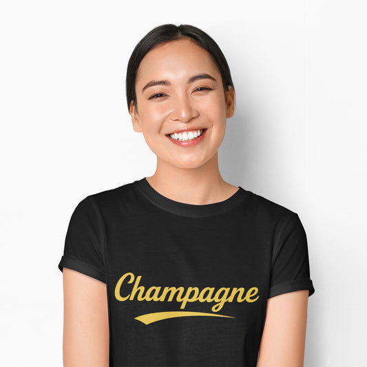 Champagne Script Tee, Retro Cursive Logo, Sparkling Wine Theme