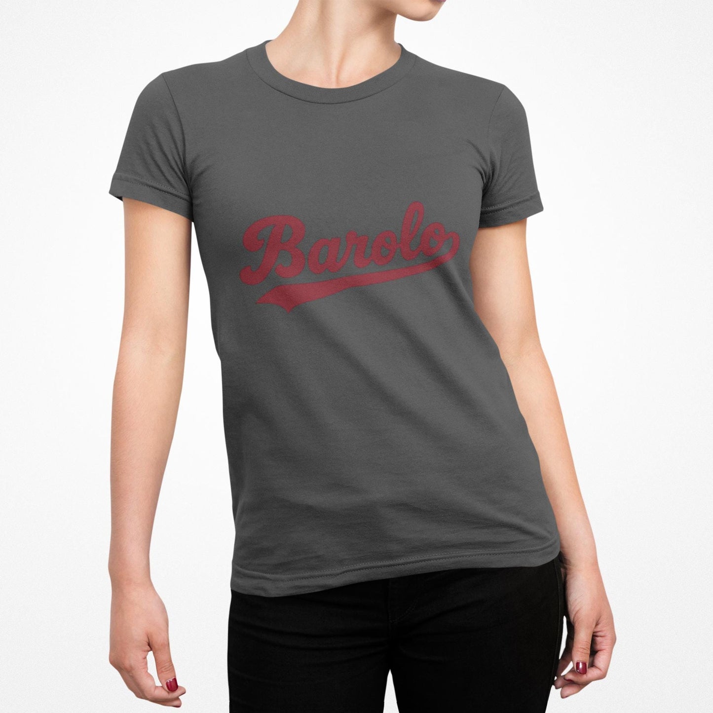 Barolo Script Logo Tee, Wine Region Italy, Burgundy Red Baseball Style