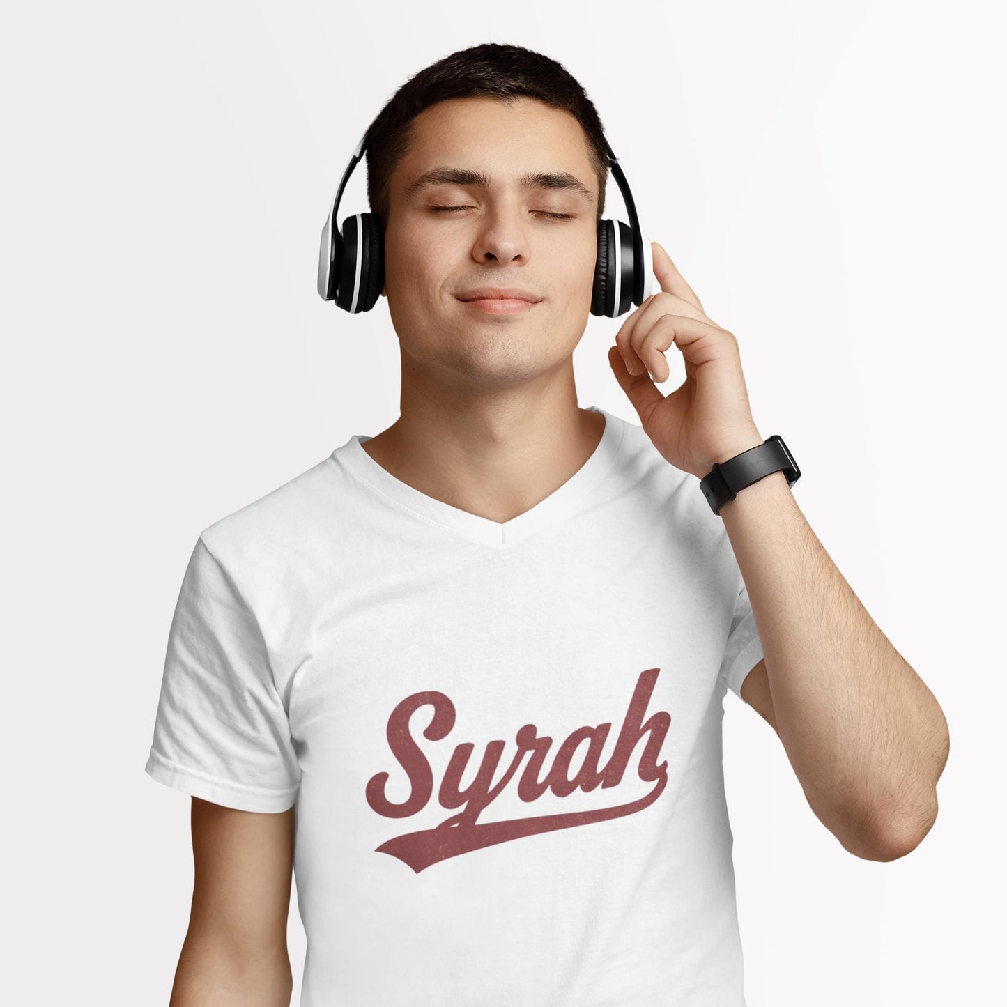 Syrah Script Logo Tee, Wine-themed V-neck Tee