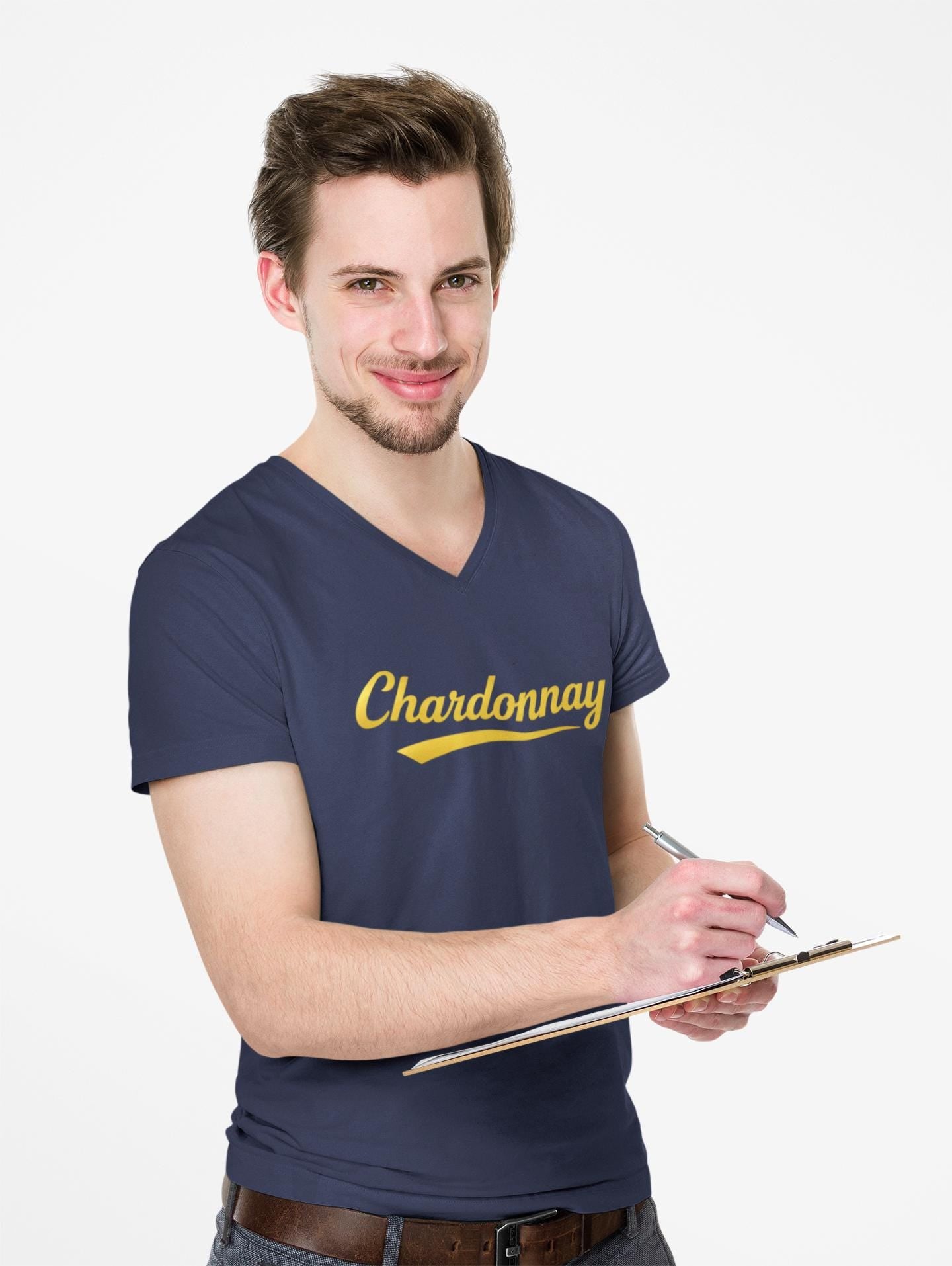 Chardonnay Script Logo V-Neck Tee, Wine Shirt, Vineyard Typography