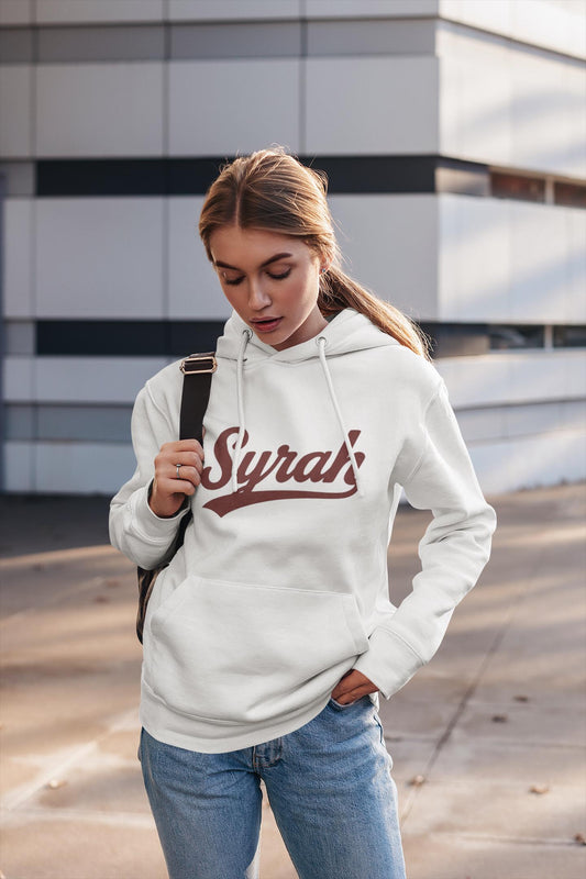 Syrah Script Hoodie, Wine Lover Pullover, Vineyard Typography Sweatshirt