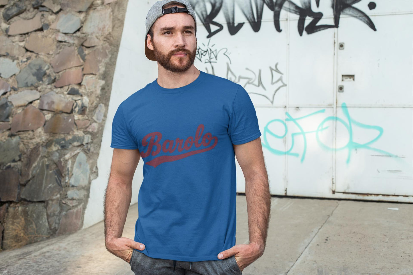 Barolo Script Logo Tee, Wine Region Italy, Burgundy Red Baseball Style