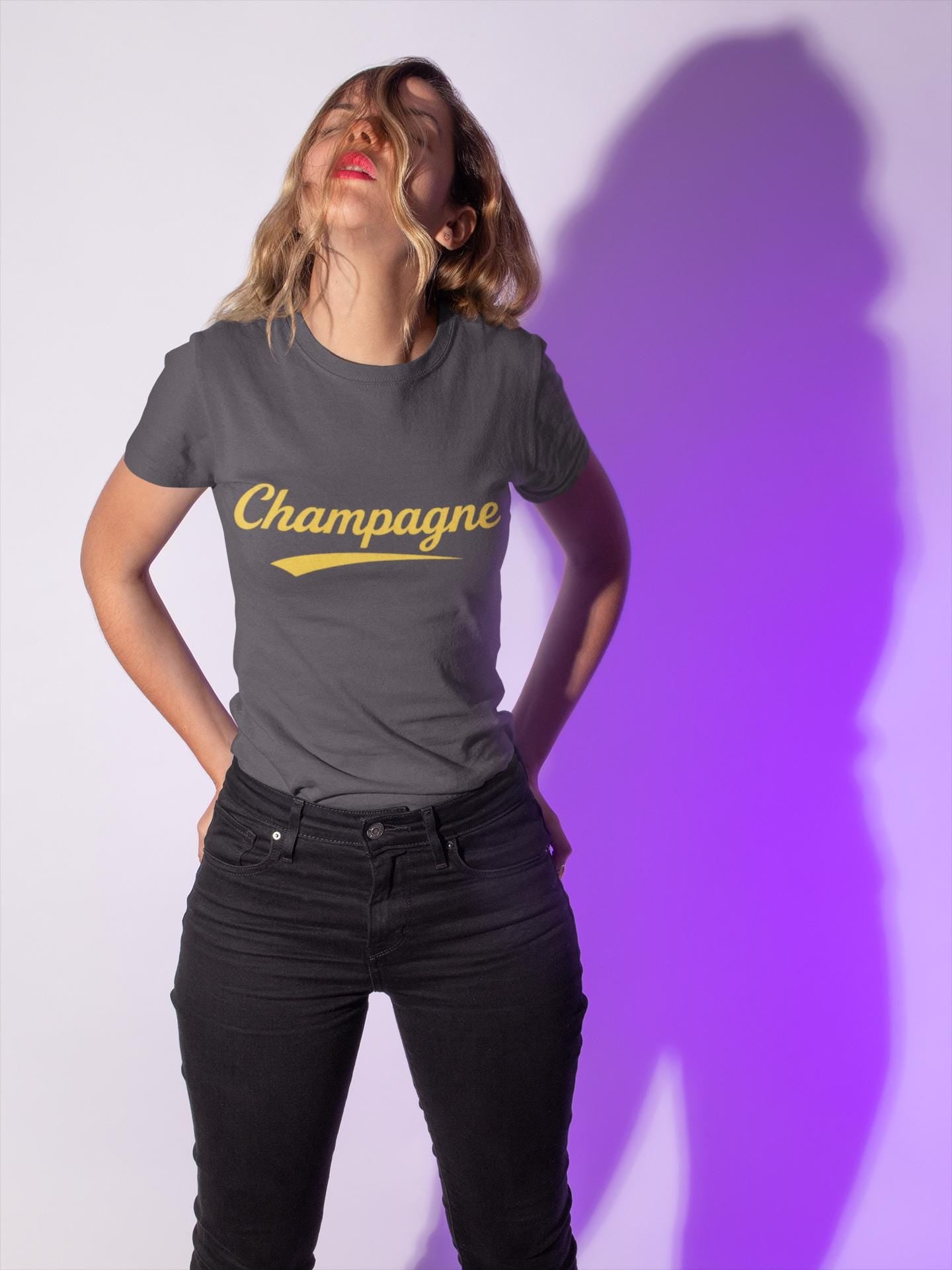 Champagne Script Tee, Retro Cursive Logo, Sparkling Wine Theme