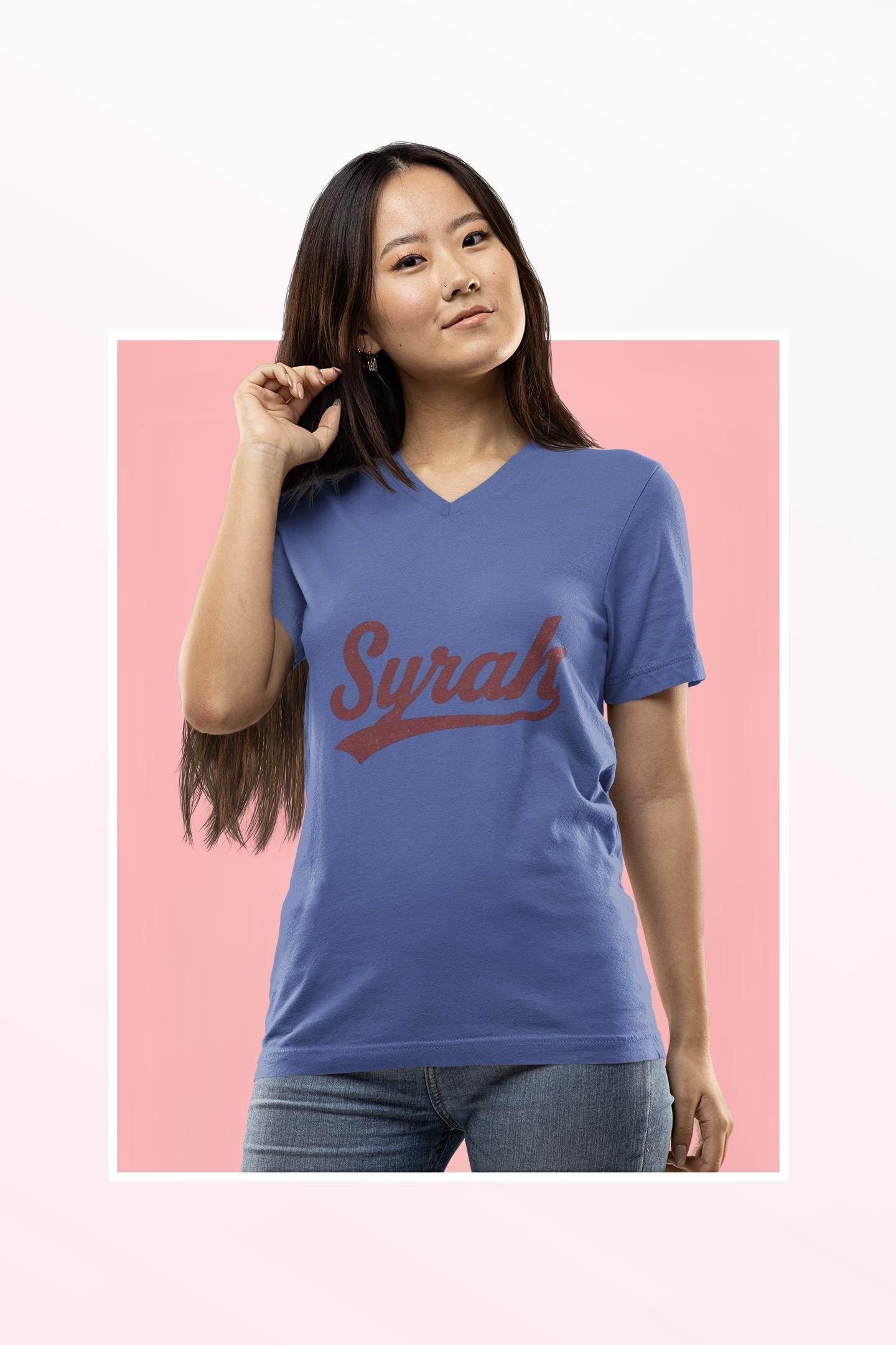 Syrah Script Logo Tee, Wine-themed V-neck Tee
