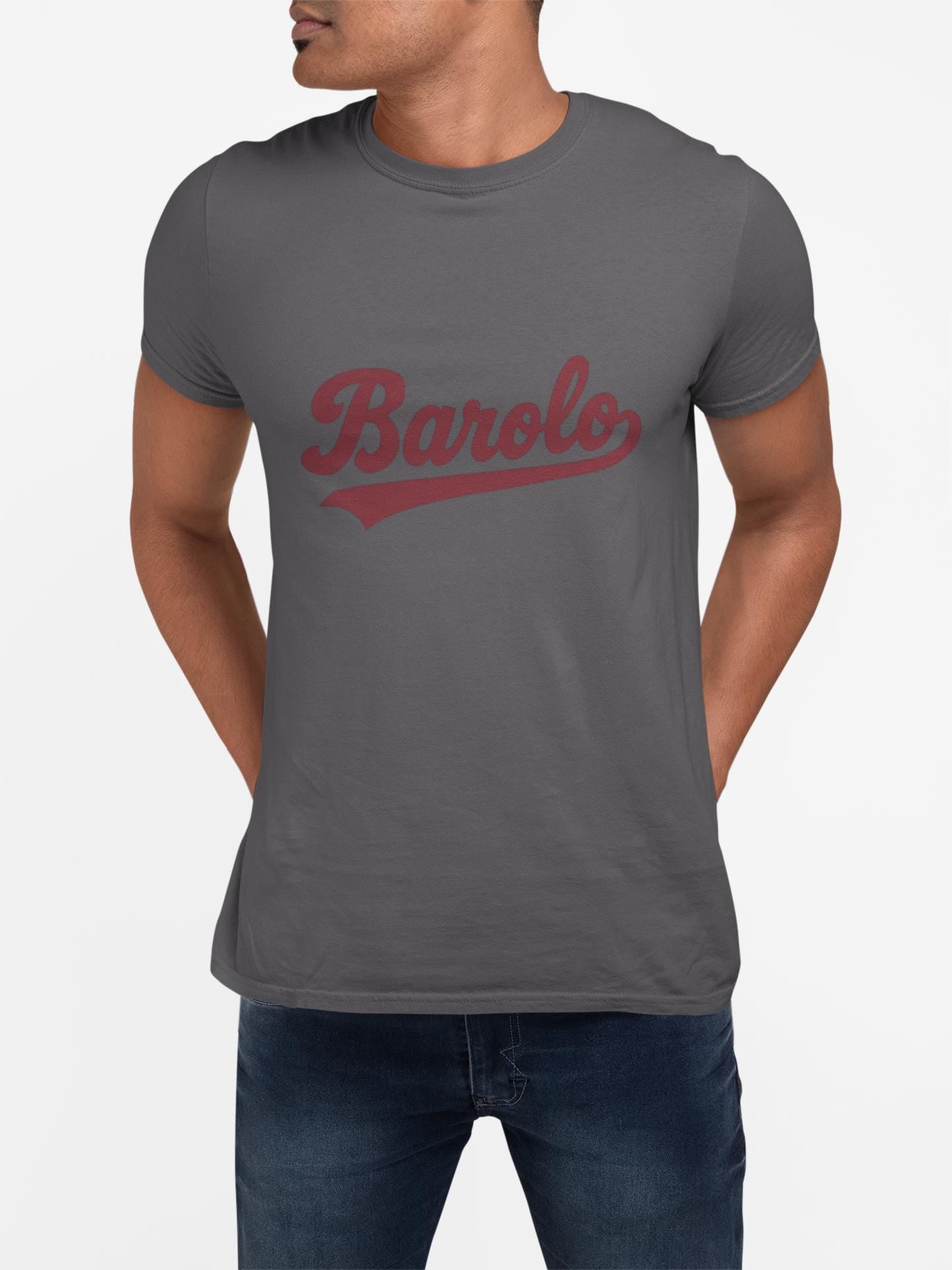 Barolo Script Logo Tee, Wine Region Italy, Burgundy Red Baseball Style