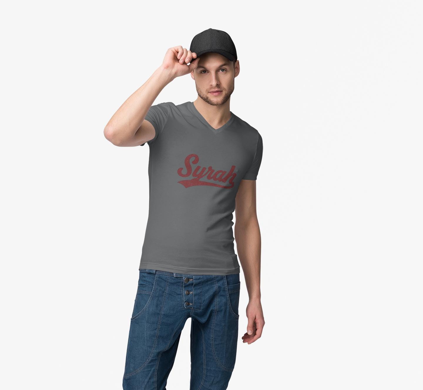 Syrah Script Logo Tee, Wine-themed V-neck Tee